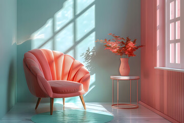 Elegant Pink Velvet Armchair by the Window with Sunlight in Stylish Modern Interior Design Setting