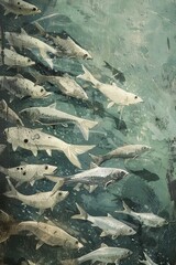 A school of shimmering silver fish darting through the water