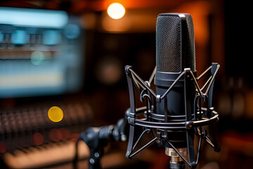 Close up of the microphone in the studio. AI technology generated image