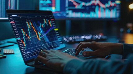 Stock trading investor trader broker using crypto exchange platform analyzing chart data on screen. Online investing money in financial market prices indexes analysis and forecast background.