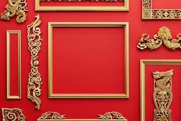 A collection of ornate gold frames hanging on a red wall. Ideal for interior design projects