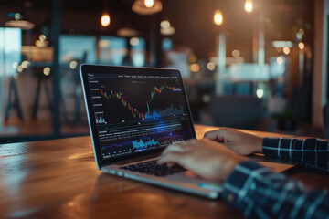 Stock trading investor trader broker using crypto exchange platform analyzing chart data on screen. Online investing money in financial market prices indexes analysis and forecast background. - obrazy, fototapety, plakaty