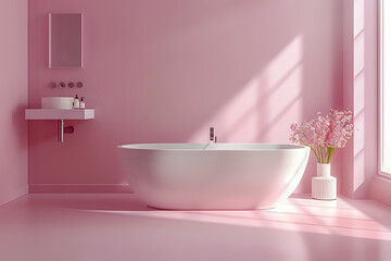 Fototapeta na wymiar Modern Minimalist Bathroom with White Freestanding Bathtub in Pink Interior Design