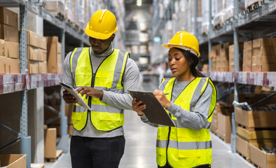 Portrait african american engineer team shipping order detail on tablet export and import,goods,factory,warehouse,international trade,transportation,cargo ship,logistic,distribution.business industry
