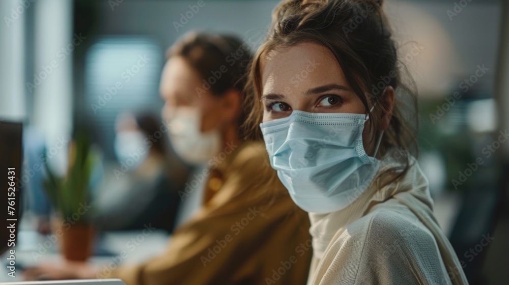 Poster woman wearing a face mask sitting in front of a computer. suitable for illustrating remote work or h