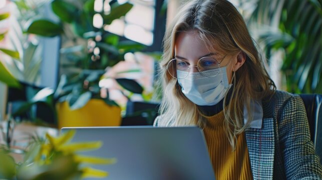 Woman in face mask working on laptop, suitable for remote work concept - Powered by Adobe