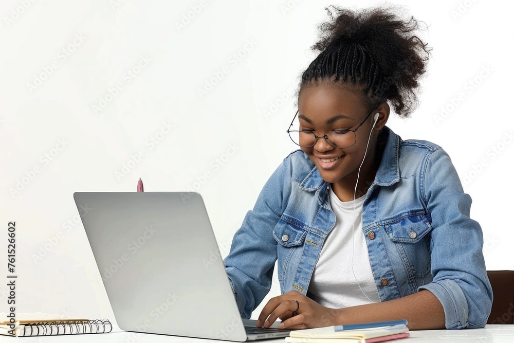 Poster A woman sitting at a table using a laptop computer. Suitable for business and technology concepts