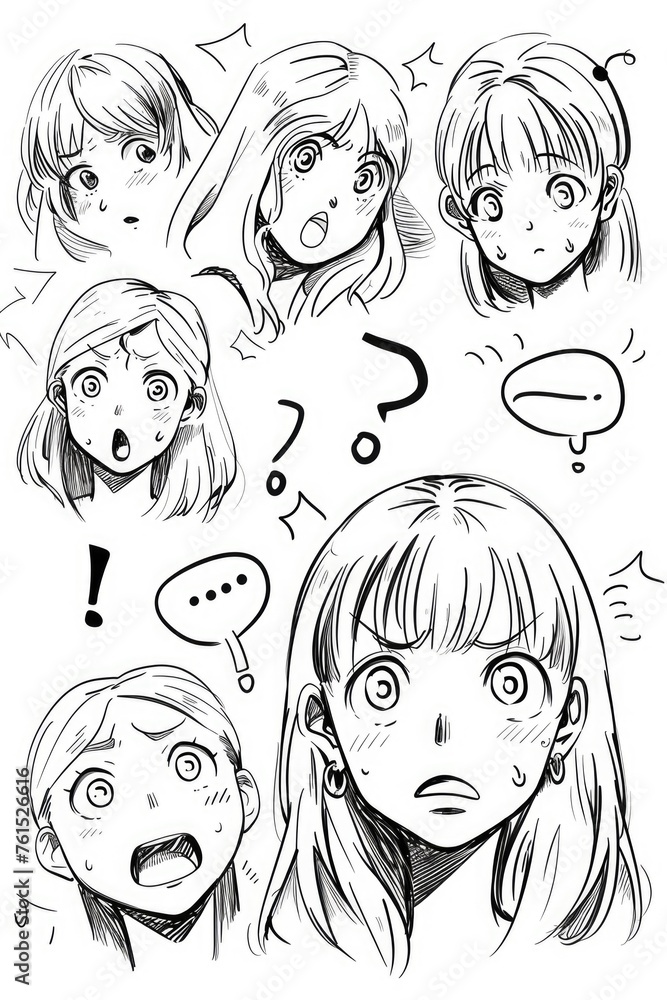 Poster Drawing of a girl showing different emotions. Suitable for illustrating a range of feelings