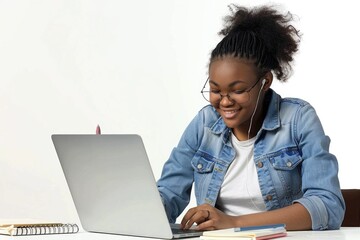 A woman sitting at a table using a laptop computer. Suitable for business and technology concepts