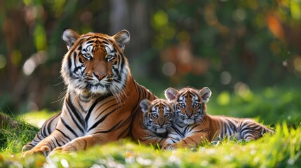 Siberian tiger group The female and her cubs slept together.