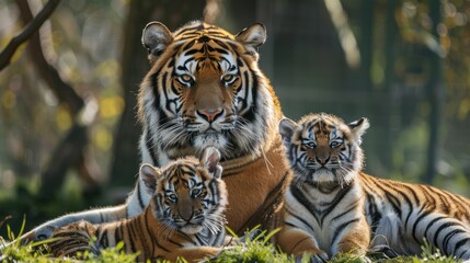 Siberian tiger group The female and her cubs slept together. - obrazy, fototapety, plakaty