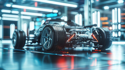 A racing car chassis is illuminated by overhead neon lights in a futuristic garage setting,...