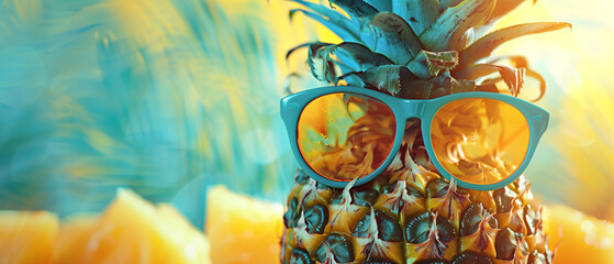 Pineapple wears sunglasses with colorful summer background.