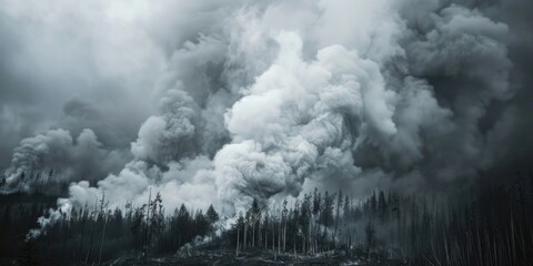 Smoke billowing from a dark forest, suitable for environmental themes