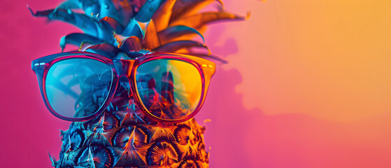 Pineapple wears sunglasses with colorful summer background.