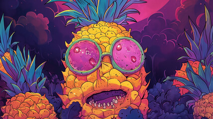 Pineapple monster wears sunglasses with colorful background. poster summer concept - obrazy, fototapety, plakaty