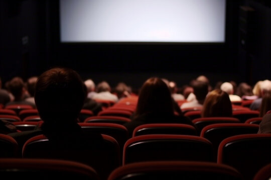 In the image, there is a movie theater with multiple people watching the movie. The screen is large and bright, and the audience is seated on red chairs
