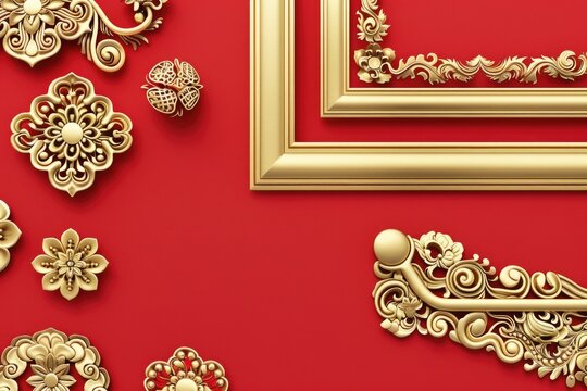 Vibrant red wall with elegant gold picture frame, ideal for interior design projects