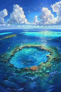 A painting depicting a stunning coral atoll situated in the center of the vast ocean. The atoll is surrounded by clear blue waters, with waves gently crashing against its shores