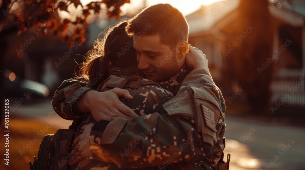 Sticker soldier embracing his wife on his homecoming. serviceman receiving a warm welcome from his family af