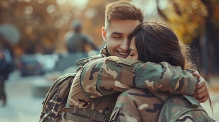 Fototapeta premium Soldier embracing his wife on his homecoming. Serviceman receiving a warm welcome from his family after returning from deployment. Military family having an emotional reunion.