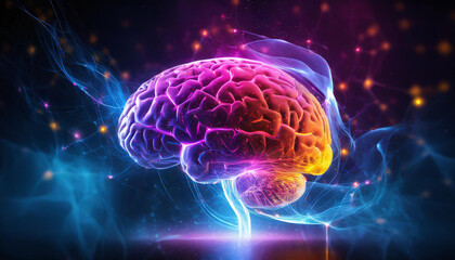 Human brain with neon glow. Hi-tech human brain. Futuristic image. Smoky