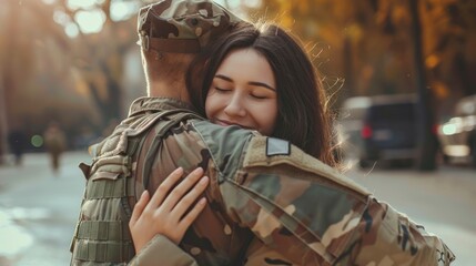 Soldier embracing his wife on his homecoming. Serviceman receiving a warm welcome from his family after returning from deployment. Military family having an emotional reunion. - obrazy, fototapety, plakaty