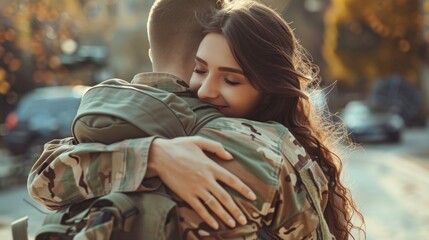 Soldier embracing his wife on his homecoming. Serviceman receiving a warm welcome from his family after returning from deployment. Military family having an emotional reunion. - obrazy, fototapety, plakaty