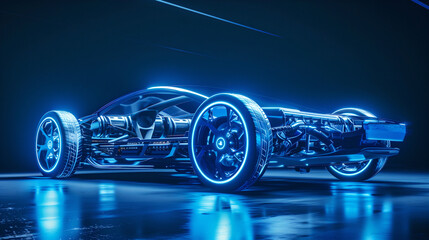 A futuristic sports car concept is showcased in a vibrant blue light, revealing the sleek and...