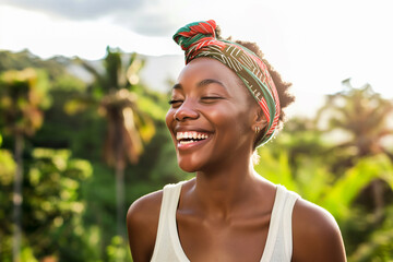 A beautiful young black woman with a colorful headband smiles and laughs with her eyes closed. She...