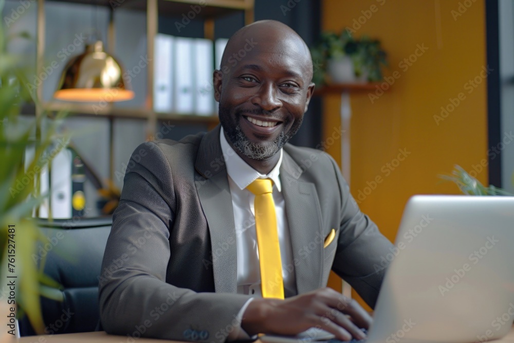 Poster a man sitting at a desk with a laptop computer. perfect for business and technology concepts