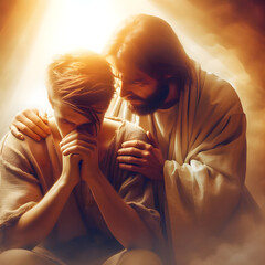 Jesus Christ comforting man with love and care