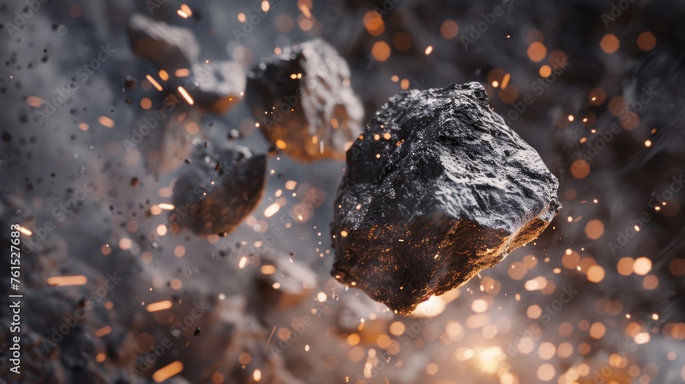Poster A dynamic image of rocks flying through the air. Ideal for illustrating movement and impact