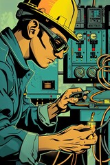 A man wearing a hard hat is actively engaged in working on a machine, potentially conducting maintenance or repairs. He is focused on his task and demonstrating competency in operating the equipment