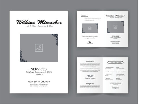 Funeral  Template for Memorial Program. Minimalist Bifold Brochure Design Layout.