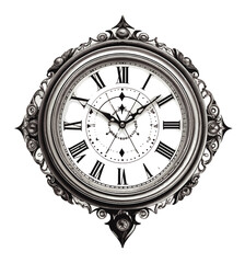 Clock ink sketch drawing, black and white, engraving style vector illustration
