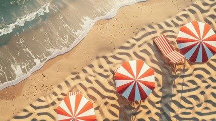 Fototapeta na wymiar Top view of beach chairs and umbrellas, beachside, white, beautiful
