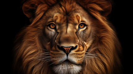 Lion muzzle on black background. Close-up portrait of wild cat. Lion with long mane and mustache