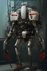 Worn Out White Plastic Cybernetic Mech with Red Claws and Four Legs in a Dark Room