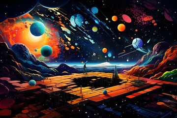 Obraz na płótnie Canvas Alien Planet Landscape: A Surreal Astronomical Masterpiece of a Person Exploring a Colorful, Geometric Building amidst Swirling Nebulae and Galaxies