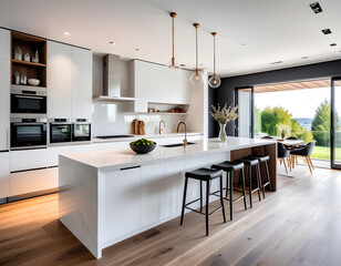 Beautiful new luxury home kitchen interior with kitchen island and wooden floor. Bright, modern, minimalist style. A chic color based on white. Counter seats with chairs.