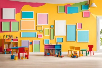 Blank mockup frames on painted colorful wall of kindergarten