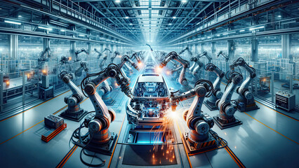 Automotive Robotics Mastery - High-Tech Car Assembly Line Digital Art for Industrial Design

Keywor
