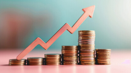 Financial business market money growth concept. Stacks of gold coins with rising arrow global economy prices increase, bank investment revenue. Stock exchange trading charts data background.