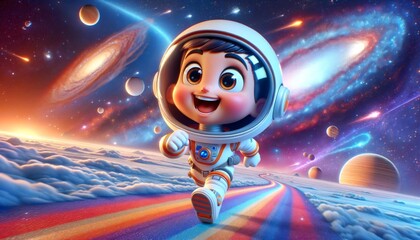 A whimsical of a cheerful cartoon astronaut running above a vibrant galaxy and planets in the background.
