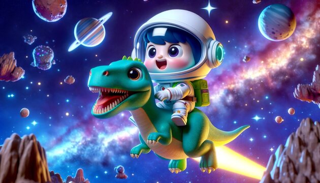 A fantasy of a cartoon astronaut joyfully riding a green dinosaur among a starry space backdrop with colorful planets.