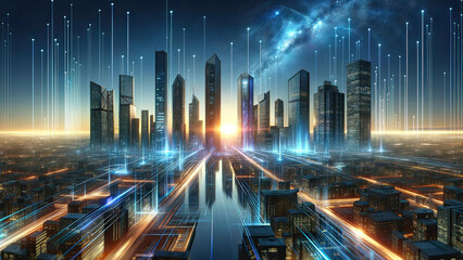 Urban Cybernetics Dawn - Sci-Fi Cityscape Digital Art for Futuristic Visionaries