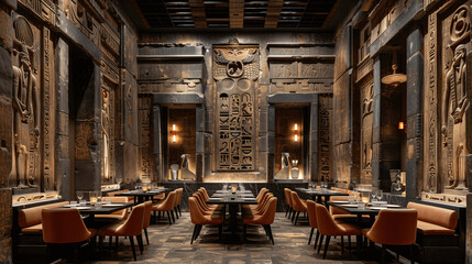 Fototapeta na wymiar Egyptian-Themed Restaurant Interior with Hieroglyphics