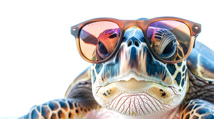 Portrait of a sea turtle wearing sunglasses isolated on a white background