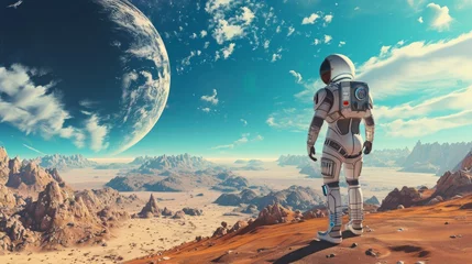 Foto op Aluminium A man wearing a space suit stands on top of a desert landscape, looking out at the barren terrain. © YuDwi Studio